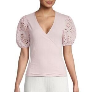 Laundry by Shelli Segal Lilac Pink Lace Puff Sleeve Faux Wrap Top NWT